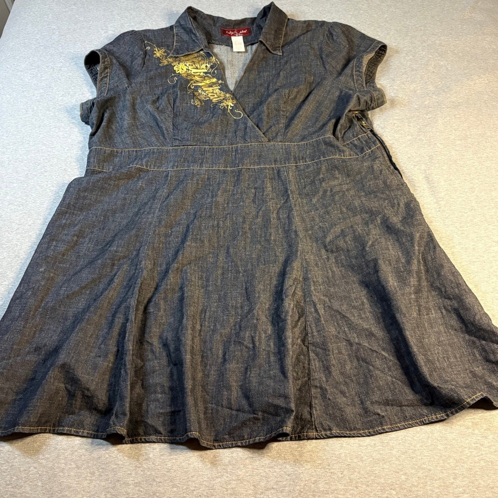 Vintage Baby Phat Denim Dress Plus Size 24 Y2K Gold Cat Graphic Dark Wash Blue